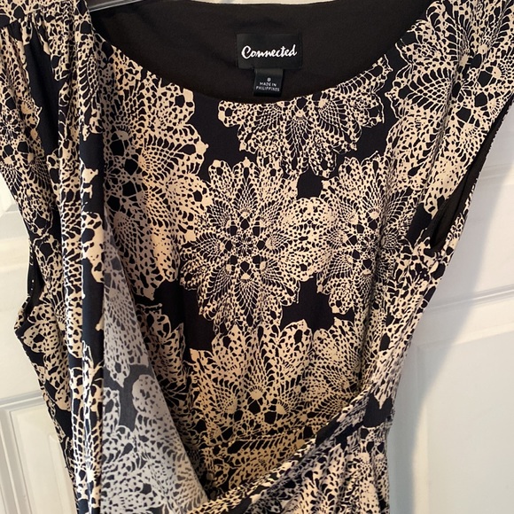 Connected 8 tan black lace dress Faux wrap cinched waist slimming split - Picture 10 of 11